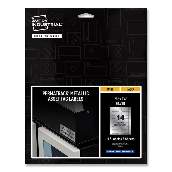 Avery® PermaTrack Metallic Asset Tag Labels, Laser Printers, 1.25 x 2.75, Silver, 14/Sheet, 8 Sheets/Pack (AVE61528)