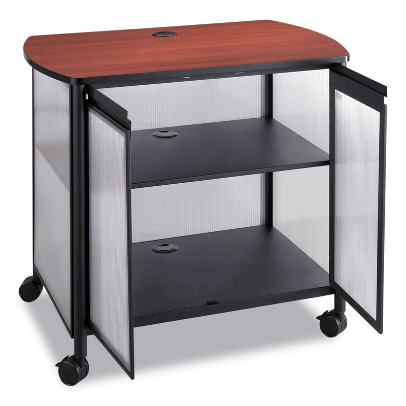 Safco® Impromptu Deluxe Machine Stand w/Doors, Wood, 3 Shelf, 34.75 x 25.5 x 30.75, Cherry/White/Black, Ships in 1-3 Business Days (SAF1859BL)