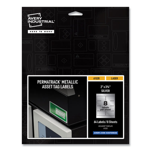 Avery&reg; PermaTrack Metallic Asset Tag Labels, Laser Printers, 2 x 3.75, Silver, 8/Sheet, 8 Sheets/Pack (AVE61520)