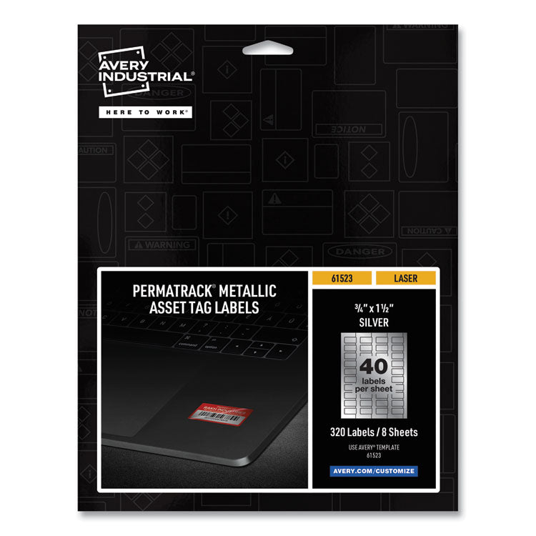 Avery® PermaTrack Metallic Asset Tag Labels, Laser Printers, 0.75 x 1.5, Metallic Silver, 40/Sheet, 8 Sheets/Pack (AVE61523)