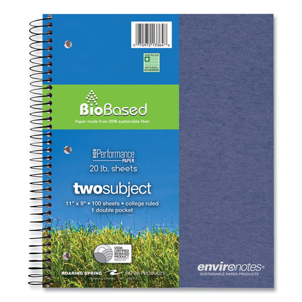 Roaring Spring® Earthtones BioBased Paper Notebook, 2-Subject, Medium/College Rule, Randomly Assorted Covers, (100) 11 x 9 Sheets, 24/Carton (ROA13364CS)