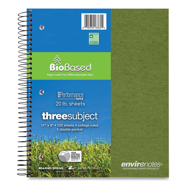 Roaring Spring® Earthtones BioBased Paper Notebook, 3-Subject, Medium/College Rule, Randomly Assorted Covers, (120) 11 x 9 Sheets, 24/Carton (ROA13365CS)