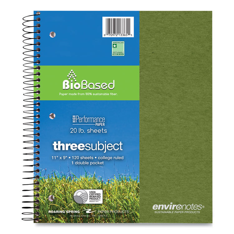 Roaring Spring® Earthtones BioBased Paper Notebook, 3-Subject, Medium/College Rule, Randomly Assorted Covers, (120) 11 x 9 Sheets, 24/Carton (ROA13365CS) Case of 24