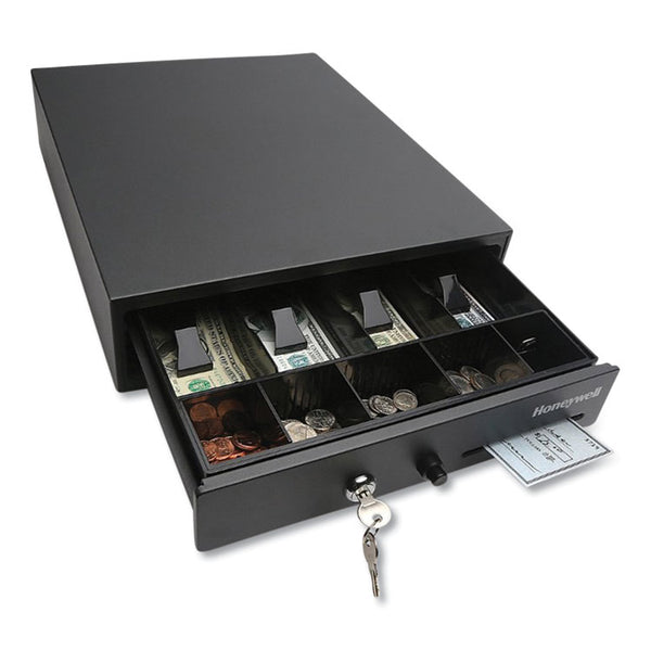 Honeywell Space-Saving Steel Cash Drawer, 4 Bill, 5 Coin Slots, Key Lock, 17 x 13 x 4, Black (HWL6313) Each
