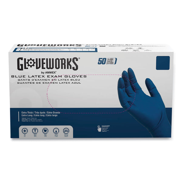 GloveWorks® by AMMEX® Blue Latex Exam Gloves, Powder-Free, Large, 50 Gloves/Box, 10 Boxes/Carton (AXCGPLHD86100) Case of 500