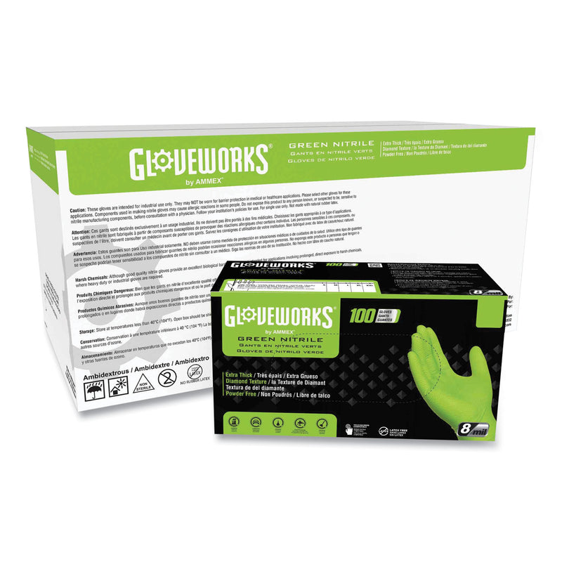 GloveWorks® by AMMEX® Heavy-Duty Industrial Nitrile Gloves, Powder-Free, 8 mil, X-Large, Green, 100 Gloves/Box, 10 Boxes/Carton (AXCGWGN48100) Case of 1000
