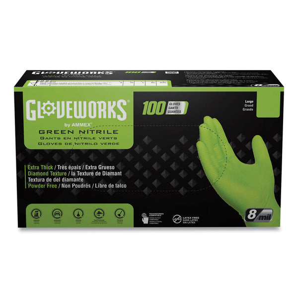 GloveWorks® by AMMEX® Heavy-Duty Industrial Nitrile Gloves, Powder-Free, 8 mil, X-Large, Green, 100 Gloves/Box, 10 Boxes/Carton (AXCGWGN48100) Case of 1000