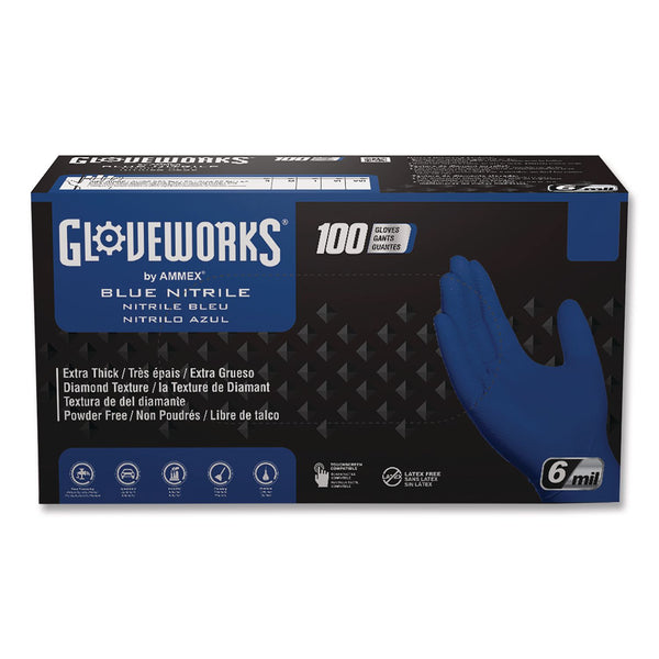 GloveWorks® by AMMEX® Heavy-Duty Industrial Nitrile Gloves, Powder-Free, Medium, 6 mil Thick, 9.5" Long, Royal Blue, 100/Box, 10 Boxes/Carton (AXCGWRBN44100) Case of 1000