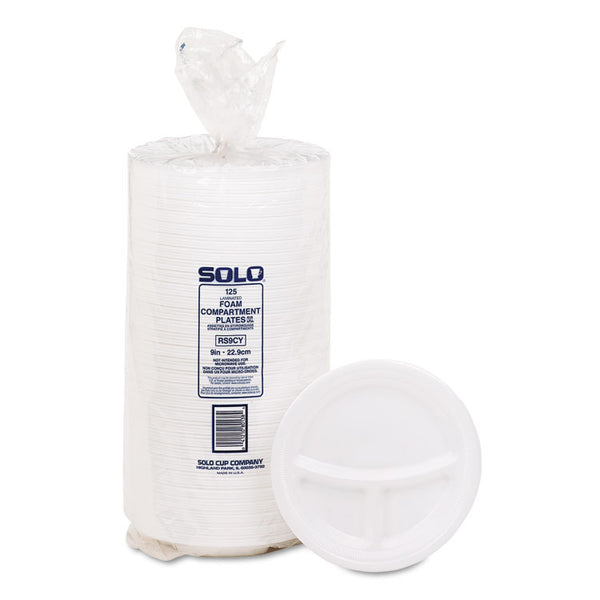 Dart® Mediumweight Foam Plates, 3-Compartment, 9" dia, White, 125/Pack (DCC9CPWQRPK)