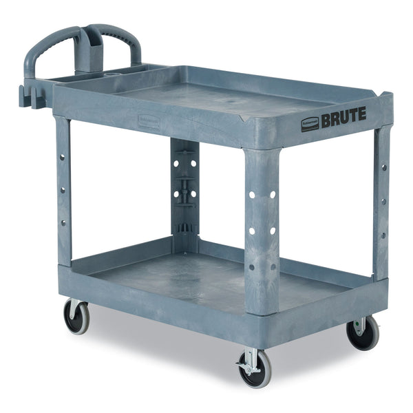 Rubbermaid® Commercial BRUTE Heavy-Duty Ergo Handle Utility Cart, Plastic, Two Shelves, 500 lb Capacity, 25.5" x 44" x 39", Gray (RCP2192464) Each