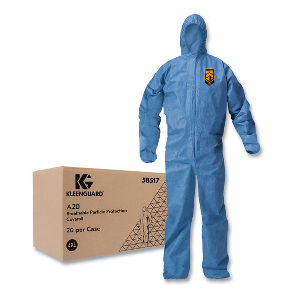 KleenGuard™ A20 Breathable Particle Protection Coveralls, Zip Front, Hood, Elastic Back, Wrists, Ankles, 4X-Large, Blue, 20/Carton (ANS58517) Case of 20