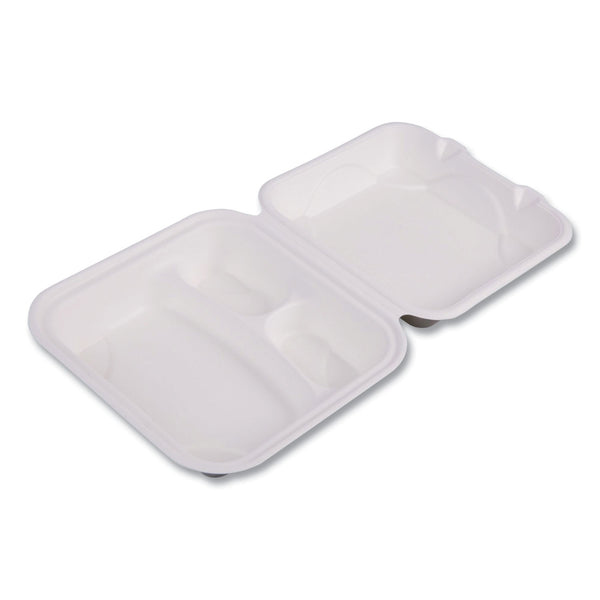 Vanguard Renewable and Compostable Sugarcane Clamshells, 3 Compartments, 8 x 8 x 3, White, 200/Carton (ECOEPHC83NFA) Case of 200