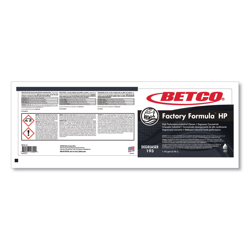 Betco Factory Formula HP Cleaner Degreaser, 1 gal Bottle, 4/Carton (BET1930400) Case of 4
