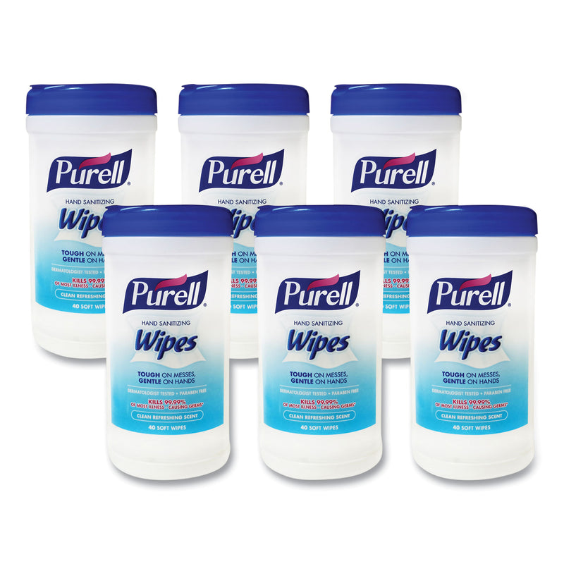 Purell Hand Sanitizing Wipes, 7 x 6, Clean Scent, White, 40/Canister, 6/Carton (GOJ912006CMR01) Case of 6