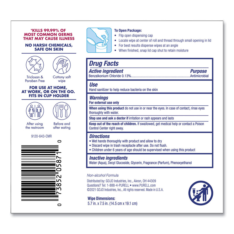 Purell Hand Sanitizing Wipes, 7 x 6, Clean Scent, White, 40/Canister, 6/Carton (GOJ912006CMR01) Case of 6