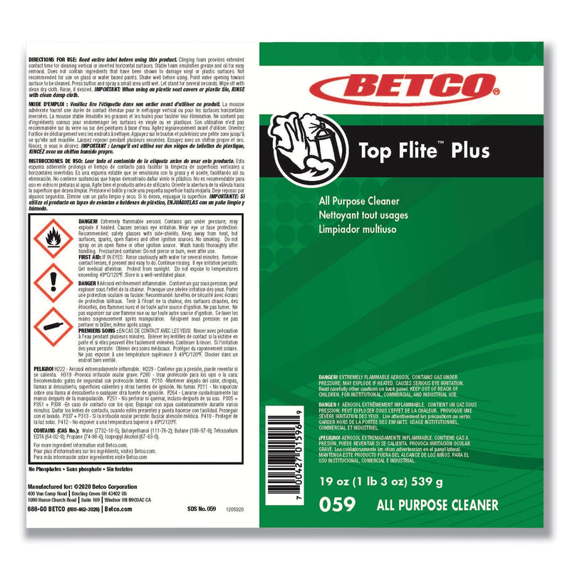 Betco® Top Flite Plus All-Purpose Cleaner, 19 oz Aerosol Can, 12/Carton (BET0592300) Case of 12