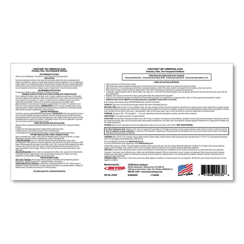 Betco StreetShoe NXT Wood Floor Finish. 1 gal Bottle, 4/Carton (BET16644312) Case of 4