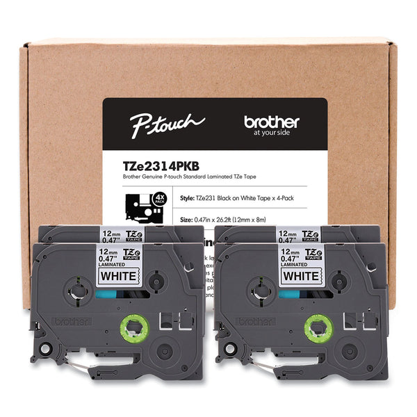 Brother TZe Series Standard Adhesive Laminated Labeling Tape, 0.5", Black on White, 4/Pack (BRTTZE2314PKB) Each