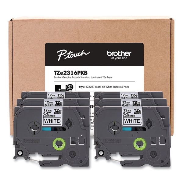 Brother TZe Series Standard Adhesive Laminated Labeling Tape, 0.5", Black on White, 6/Pack (BRTTZE2316PKB) Each