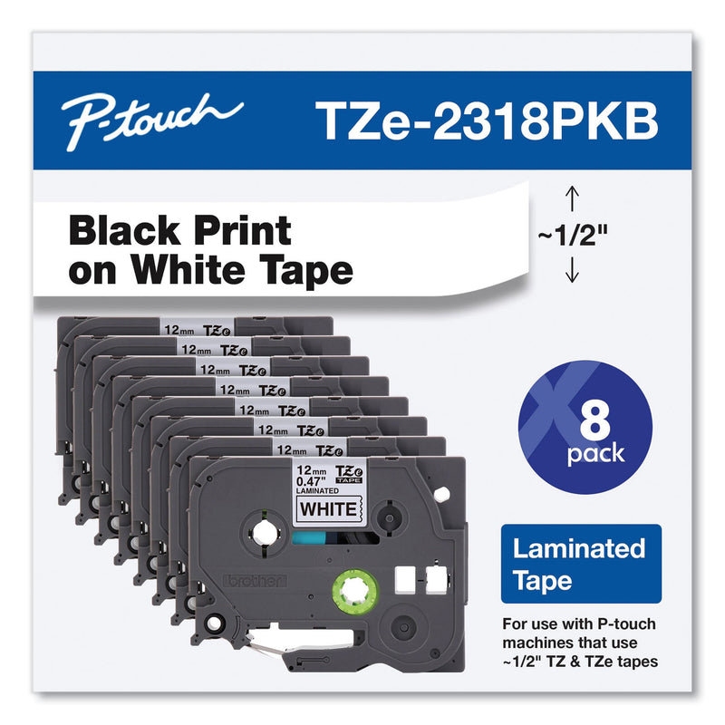 Brother TZe Series Standard Adhesive Laminated Labeling Tape, 0.5", Black on White, 8/Pack (BRTTZE2318PKB) Each