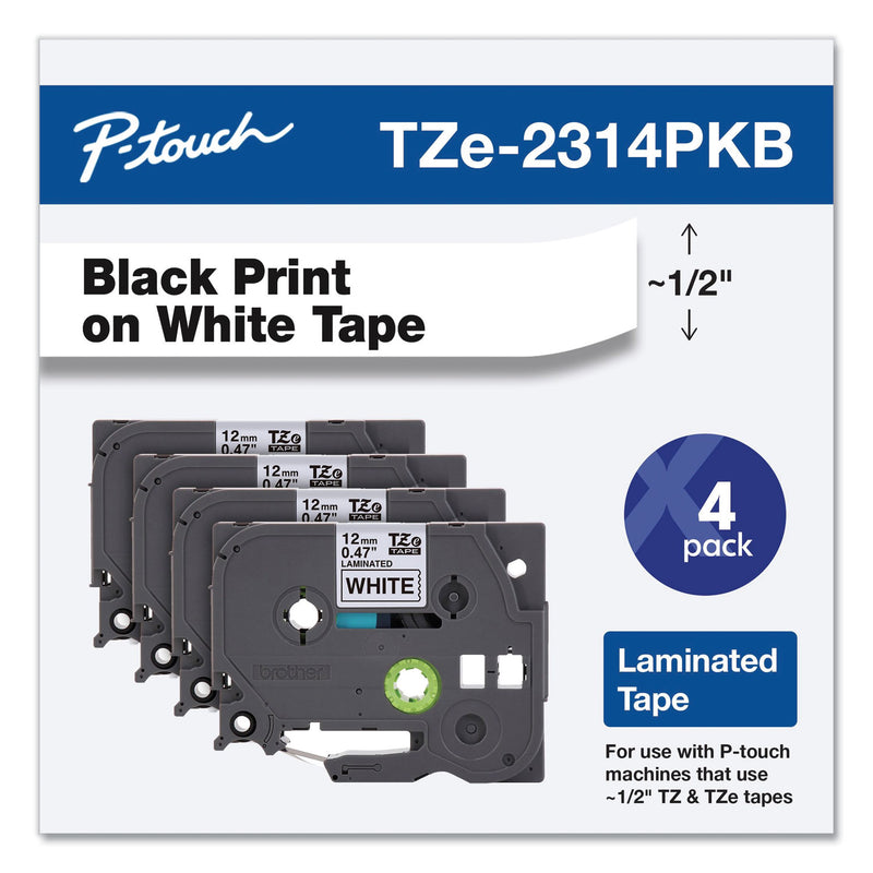 Brother TZe Series Standard Adhesive Laminated Labeling Tape, 0.5", Black on White, 4/Pack (BRTTZE2314PKB) Each