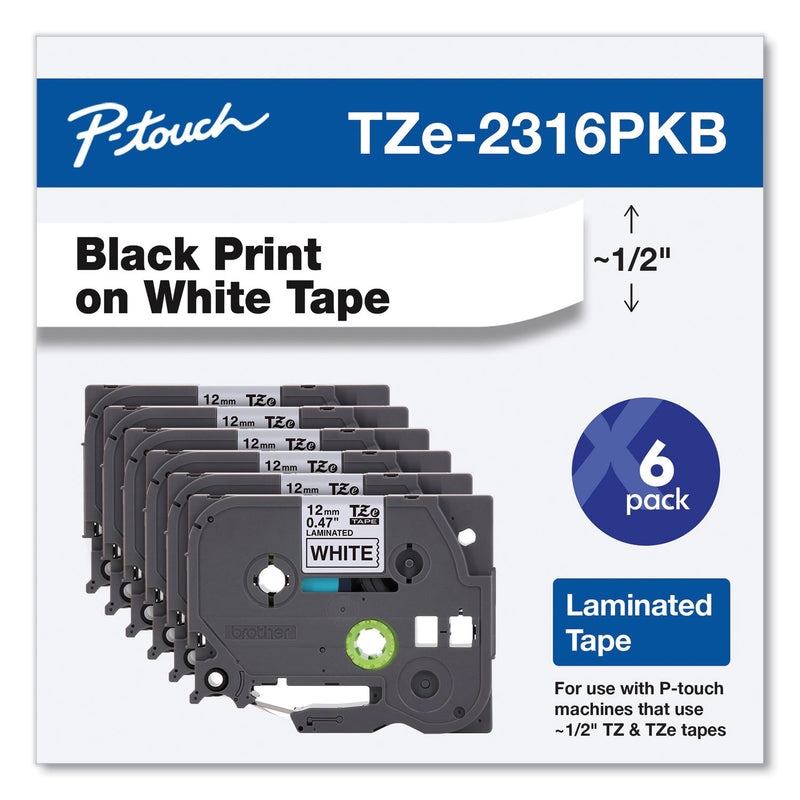 Brother TZe Series Standard Adhesive Laminated Labeling Tape, 0.5", Black on White, 6/Pack (BRTTZE2316PKB) Each