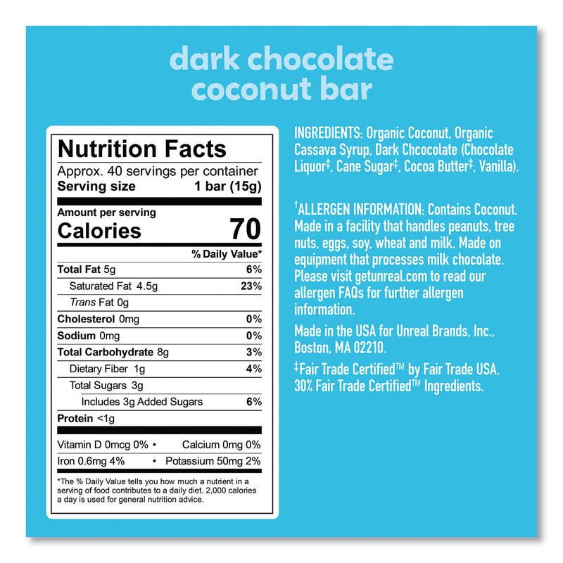 Unreal Dark Chocolate Coconut Bars, 0.53 oz, Individually Wrapped, 40/Pack (GRR22002087) Each