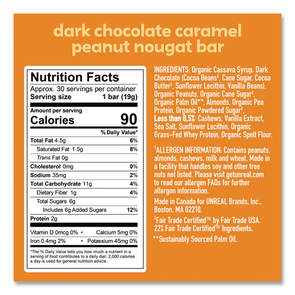 Unreal Dark Chocolate Caramel Peanut Nougat Bars, 0.67 oz Individually Wrapped, 40/Pack (GRR22002090) Each