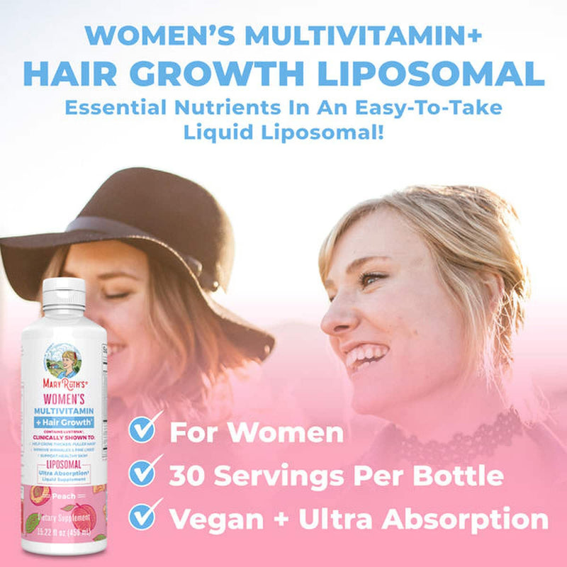 Mary Ruth's® Women's Multivitamin + Hair Growth Liposomal Multivitamin Supplement Vitamin A / D / E / Biotin 500 mcg - 25 mcg - 7 mg - 10,000 mcg Strength Liquid 15.22 oz. Peach Flavor (1271767_EA) 1/EA