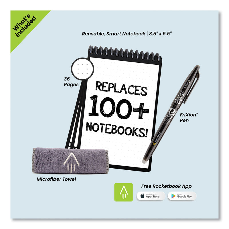 Rocketbook Mini Notepad, Black Cover, Dot Grid Rule, 3.5 x 5.5, Black/White, 24 Sheets (RKBEVRMKA) Each