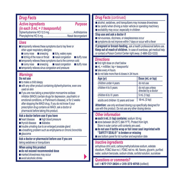 Children’s BENADRYL® Allergy Plus Congestion Children's Allergy Relief 12.5 mg - 5 mg Strength Liquid 4 oz. (1252651_EA) 1/EA