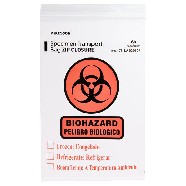 McKesson Specimen Transport Bag with Document Pouch 6 X 9 Inch Zip Closure Biohazard Symbol / Storage Instructions NonSterile (547075_PK) 100/PK