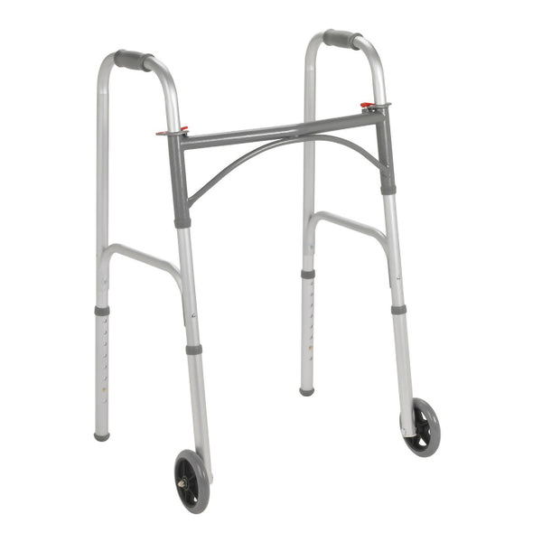 McKesson Dual Release Folding Walker with Wheels Adjustable Height Steel Frame 350 lbs. Weight Capacity 32 to 39 Inch Height (1128909_EA) 1/EA