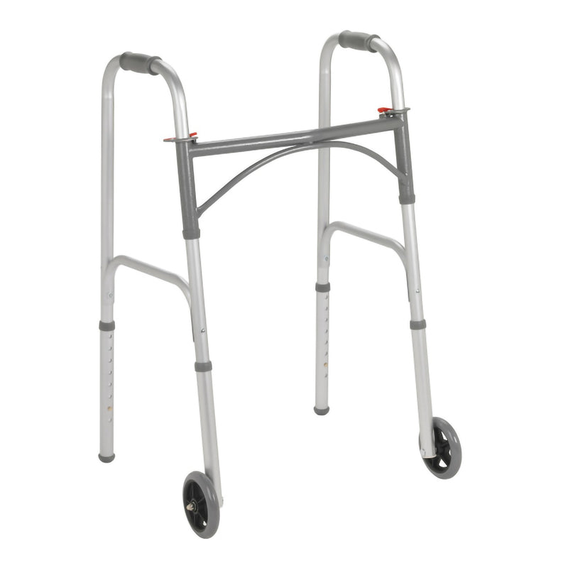 McKesson Dual Release Folding Walker with Wheels Adjustable Height Steel Frame 350 lbs. Weight Capacity 32 to 39 Inch Height (1128909_EA) 1/EA