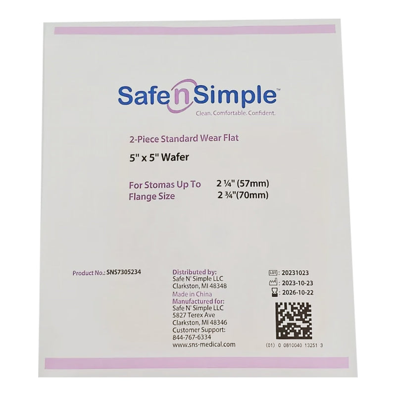 Safe n Simple™ Ostomy Barrier Trim to Fit, Standard Wear Flexible Tape 70 mm Flange Up to 2-1/4 Inch Opening 5 X 5 Inch (1245143_BX) 10/BX