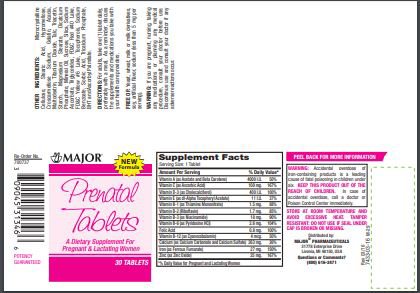 Major® Prenatal Vitamin Supplement Vitamin A / Vitamin C / Vitamin D / Vitamin E 1200 mcg / 100 mg / 10 mcg (400 IU) / 5 mg Strength Tablet 30 per Bottle (898536_BT) 30/BT