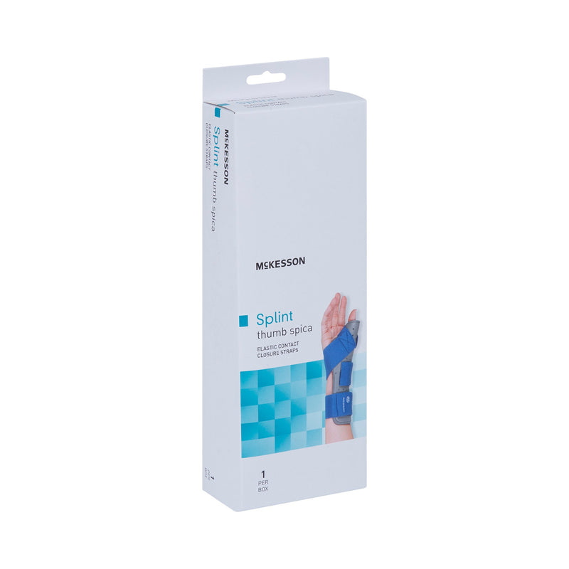 McKesson Wrist Splint with Thumb Spica Thumb Spica Nylon / Cotton-Terry / Foam / Elastic / Spandex Left Hand Blue / Gray Small / Medium (1159133_EA) 1/EA