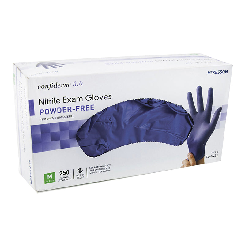 McKesson Confiderm® 3.0 Exam Glove Medium NonSterile Nitrile Standard Cuff Length Textured Fingertips Blue Not Rated (957802_BX) 1/BX