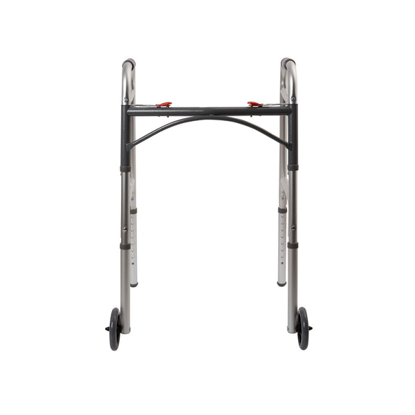 McKesson Dual Release Folding Walker with Wheels Adjustable Height Aluminum Frame 350 lbs. Weight Capacity 32 to 39 Inch Height (1073638_EA) 1/EA