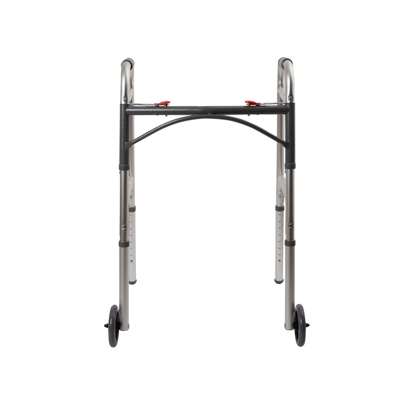 McKesson Dual Release Folding Walker with Wheels Adjustable Height Aluminum Frame 350 lbs. Weight Capacity 32 to 39 Inch Height (1073638_EA) 1/EA