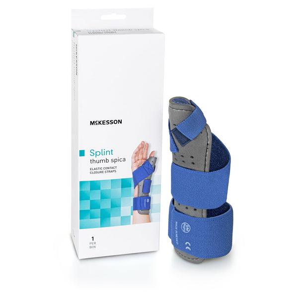 McKesson Wrist / Hand Brace with Thumb Spica Thumb Spica Nylon / Cotton-Terry / Foam / Elastic / Spandex Right Hand Blue / Gray Small / Medium (1159132_EA) 1/EA