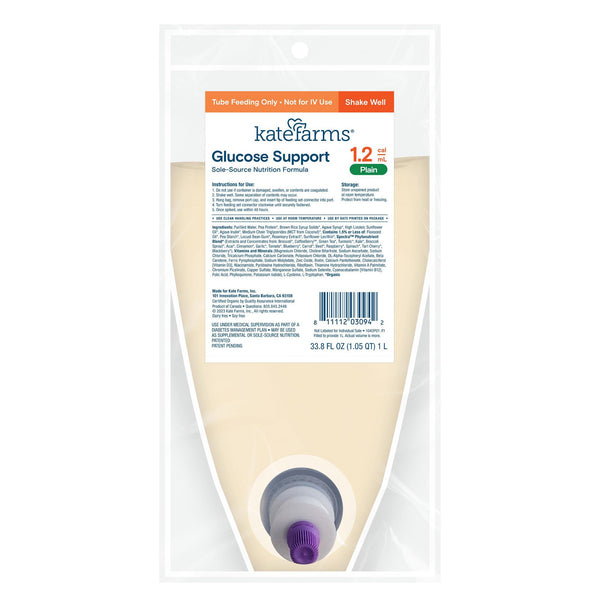 Kate Farms Glucose Support 1.2 Tube Feeding Formula Plain Flavor Liquid 1000 mL Ready to Hang Prefilled Container (1254025_CS) 6/CS