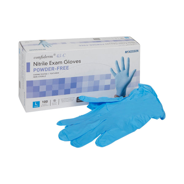 McKesson Confiderm® 4.5C Exam Glove Large NonSterile Nitrile Standard Cuff Length Textured Fingertips Blue Chemo Tested (921604_CS) 1000/CS
