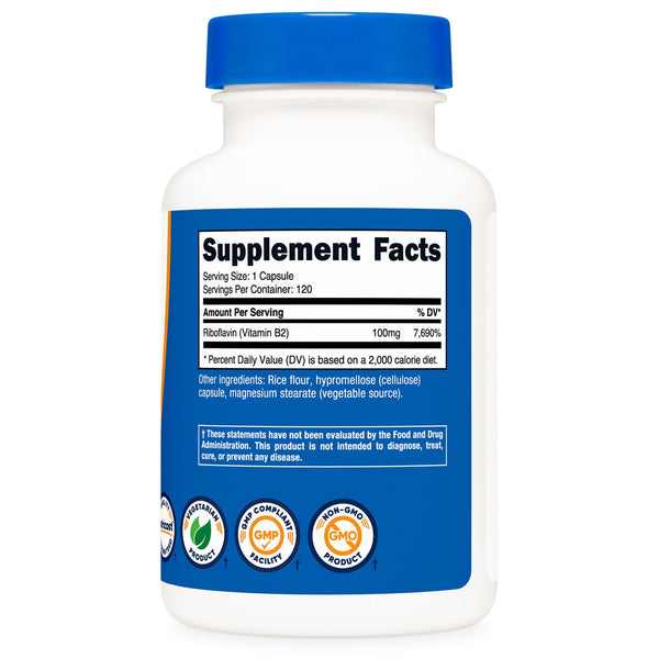 nutricost® Vitamin B2 Riboflavin Dietary Supplement Vitamin B2 100 mg Strength Capsule 120 Per Bottle (1270259_BT) 1/BT
