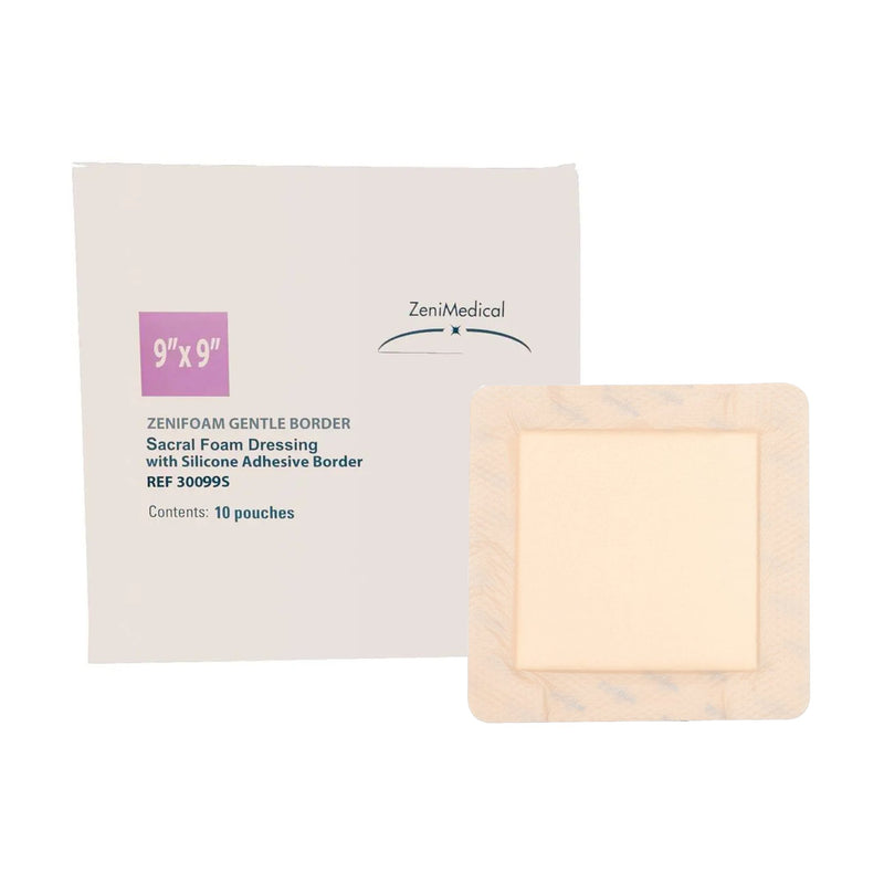 ZeniFOAM Gentle Border Foam Dressing 9 X 9 Inch With Border Waterproof Backing Silicone Face and Border Sacral Sterile (1260112_EA) 1/EA