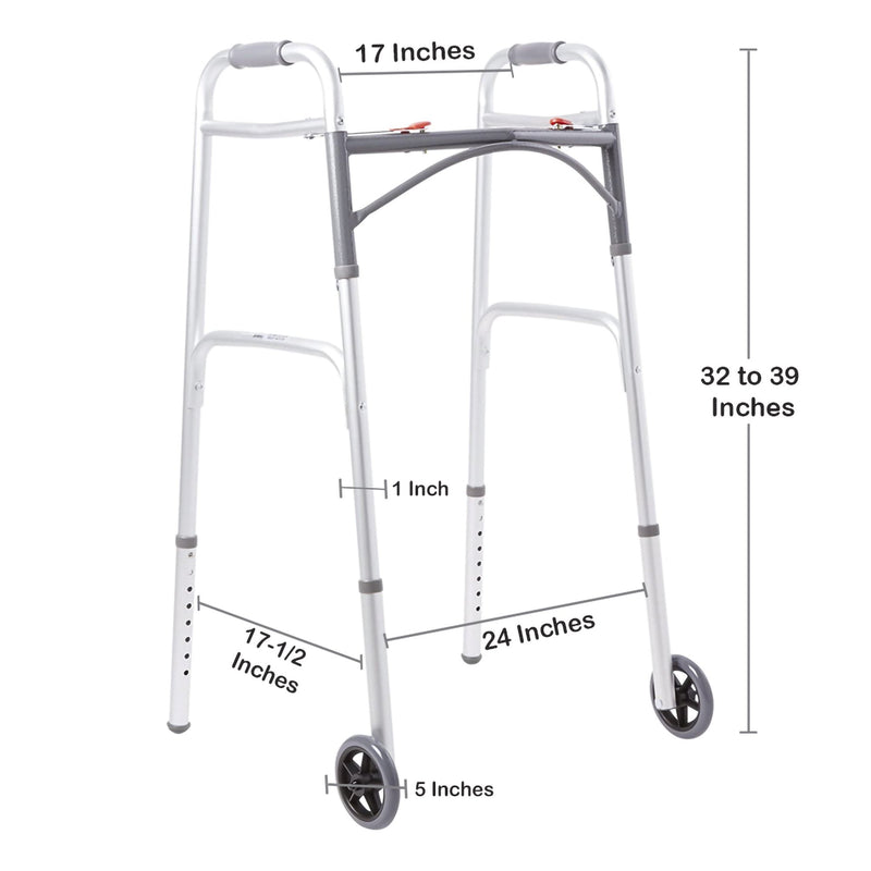 McKesson Dual Release Folding Walker with Wheels Adjustable Height Aluminum Frame 350 lbs. Weight Capacity 32 to 39 Inch Height (1076176_EA) 1/EA