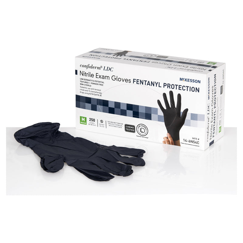 McKesson Confiderm® LDC Exam Glove Medium NonSterile Nitrile Standard Cuff Length Fully Textured Black Chemo Tested / Fentanyl Tested (1159334_CS) 2500/CS