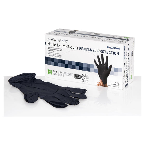 McKesson Confiderm® LDC Exam Glove Medium NonSterile Nitrile Standard Cuff Length Fully Textured Black Chemo Tested / Fentanyl Tested (1159334_BX) 250/BX
