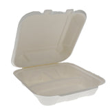 Pactiv Evergreen EarthChoice PFAS Free Compostable Hinged Lid Container, 3-Compartment, 8 x 8 x 3, Natural, Sugarcane, 150/Carton (PCTYMCH0803PFFR) Case of 150