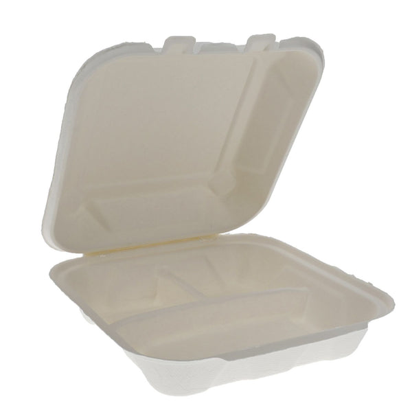 Pactiv Evergreen EarthChoice PFAS Free Compostable Hinged Lid Container, 3-Compartment, 8 x 8 x 3, Natural, Sugarcane, 150/Carton (PCTYMCH0803PFFR) Case of 150